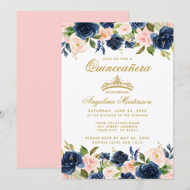 Invitación Quinceanera Crown de oro floral rosa (Anverso / Reverso)