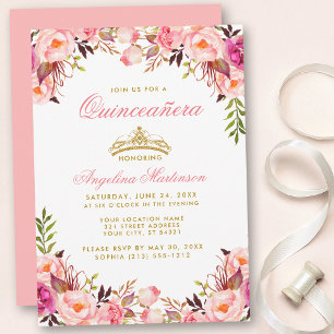 Invitación Quinceanera Crown De Oro Floral Rosa