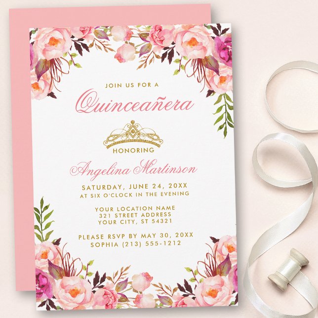 Invitación Quinceanera Crown De Oro Floral Rosa (Customize to change text color, style, add text & photos to back or change color of back of card.)