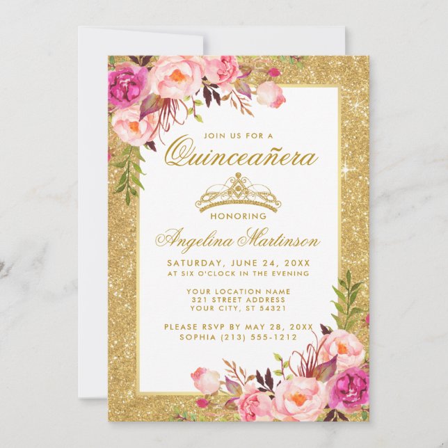 Invitación Quinceanera Crown Pink Floral Gold Purpurina (Anverso)