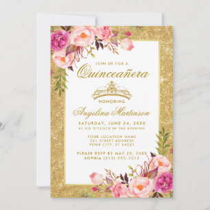 Invitación Quinceanera Crown Pink Floral Gold Purpurina