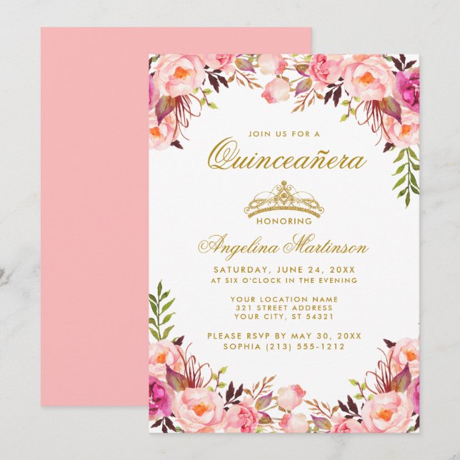 Invitación Quinceanera Crown Pink Rubor Floral Gold (Anverso / Reverso)