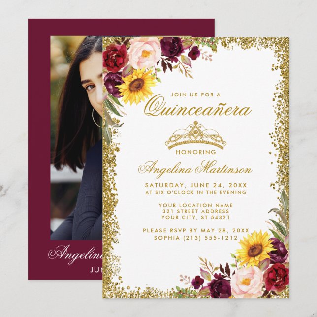 Invitación Quinceanera Crown Watercolor Floral (Anverso / Reverso)