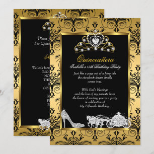 Invitación Quinceañera Cumpleaños 15 Damasco Negro Oro