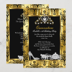 Invitación Quinceañera Cumpleaños 15 Damask Negro Oro 2