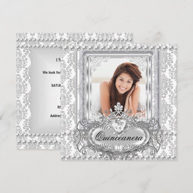 Invitación Quinceañera Cumpleaños 15 Damask Plata Blanco (Anverso / Reverso)