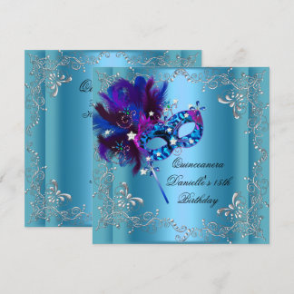 Invitación Quinceañera Cumpleaños 15 Fiesta de Máscaras Azul