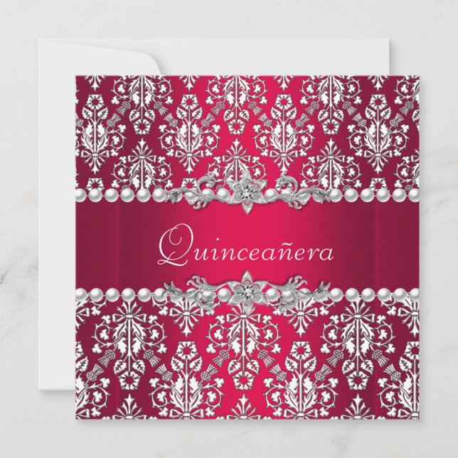 Invitación Quinceañera Cumpleaños 15 Fiesta Plata Blanca Roja (Anverso)