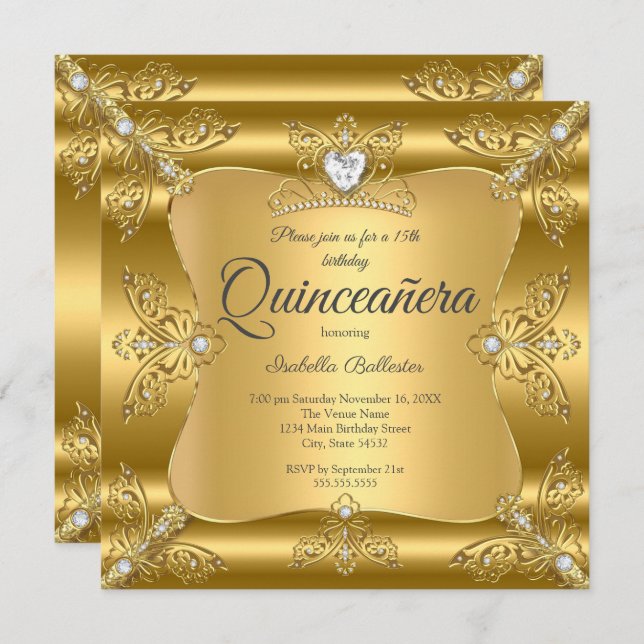 Invitación Quinceañera Cumpleaños 15 Fiesta Tiara de Diamante (Anverso / Reverso)