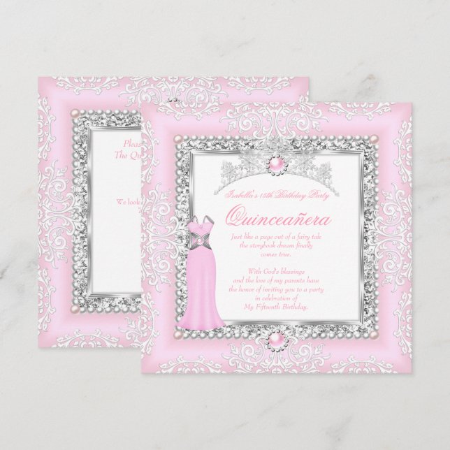 Invitación Quinceañera Cumpleaños 15 Perla Rosa Claro Encaje (Anverso / Reverso)