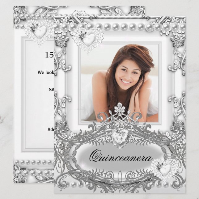 Invitación Quinceañera Cumpleaños 15 Plata Blanco (Anverso / Reverso)