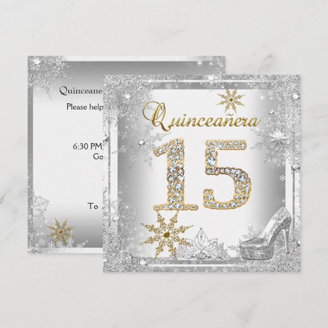 Invitación Quinceañera Cumpleaños 15 Plata Oro Blanco Elite (Anverso / Reverso)
