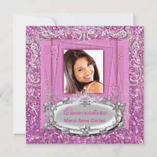 Invitación Quinceañera Cumpleaños 15 Pretty Rosa Blanco Plata