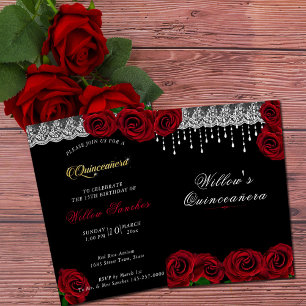 Invitación Quinceañera Cumpleaños 15 Rosas Rojas Encaje Blanc