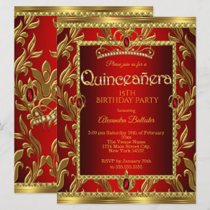 Invitación Quinceañera Cumpleaños 15 Rubí Rojo Joya Tiara Oro
