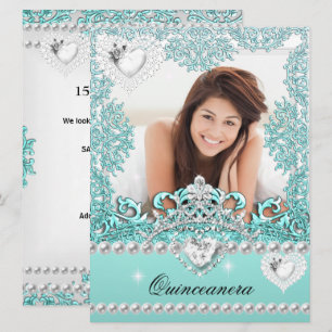 Invitación Quinceañera Cumpleaños 15 Teal Azul Plateado Blanc