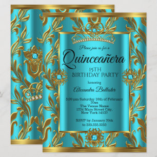 Invitación Quinceañera Cumpleaños 15 Tiara Azul Teal Dorado 2