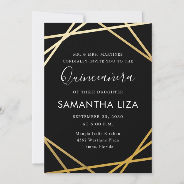 Invitación Quinceañera Cumpleaños Black Gold Modern (Anverso)