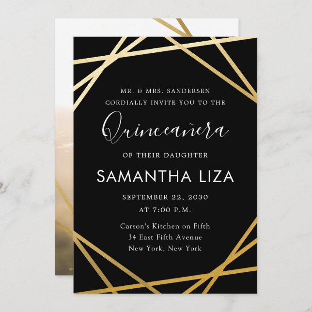 Invitación Quinceañera Cumpleaños Black Gold Moderno Foto (Anverso / Reverso)