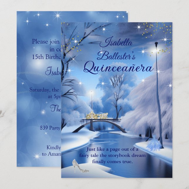 Invitación Quinceanera Cumpleaños Blue Fairytale Vestido de C (Anverso / Reverso)