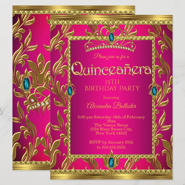 Invitación Quinceanera Cumpleaños Caliente Rosa Azul Verde az (Anverso / Reverso)