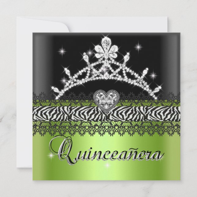 Invitación Quinceanera Cumpleaños Cebra Lime Verde Blanco Neg (Anverso)