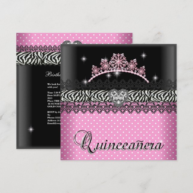 Invitación Quinceanera Cumpleaños Cebra Rosa Blanco Negro (Anverso / Reverso)