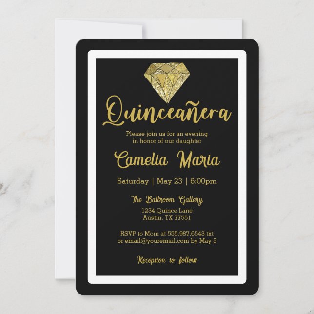 Invitación Quinceañera Cumpleaños Diamond Glam Black Gold (Anverso)