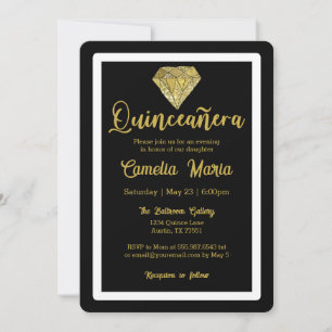 Invitación Quinceañera Cumpleaños Diamond Glam Black Gold