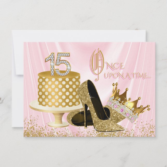 Invitación Quinceañera Cumpleaños Fiesta Rosa y Dorado (Anverso)