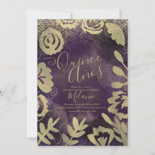 Invitación Quinceañera Cumpleaños Floral Purpura Dorado Falso