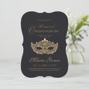 Invitación Quinceañera Cumpleaños Máscara de Oro Negro