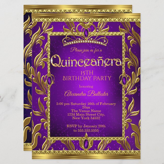 Invitación Quinceanera Cumpleaños Morado Azul Tiara Oro (Anverso / Reverso)