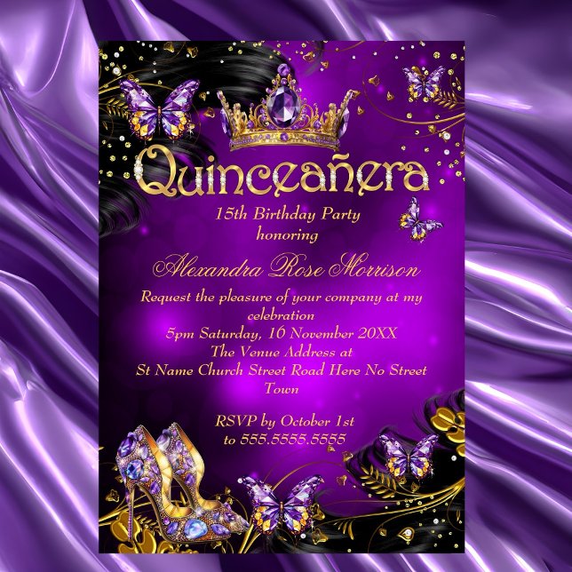 Invitación Quinceanera cumpleaños morado Oro Mariposa negra (Subido por el creador)