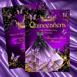 Invitación Quinceanera cumpleaños morado Vestido de oro marip