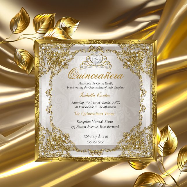 Invitación Quinceañera Cumpleaños Oro Beige Perla Damask (Subido por el creador)