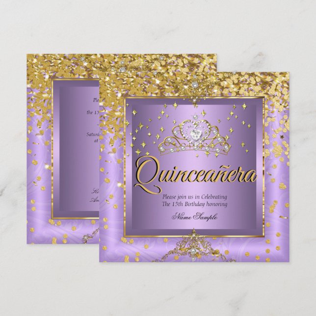 Invitación Quinceanera Cumpleaños Party Gold Lavender Purple (Anverso / Reverso)