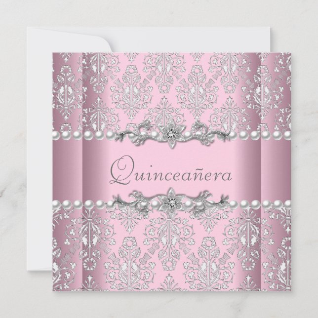 Invitación Quinceañera Cumpleaños Plata Rosa Lace de Perla Bl (Anverso)