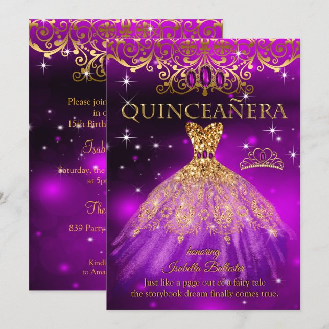 Invitación Quinceanera Cumpleaños Purple Magenta Tiara Gold (Anverso / Reverso)