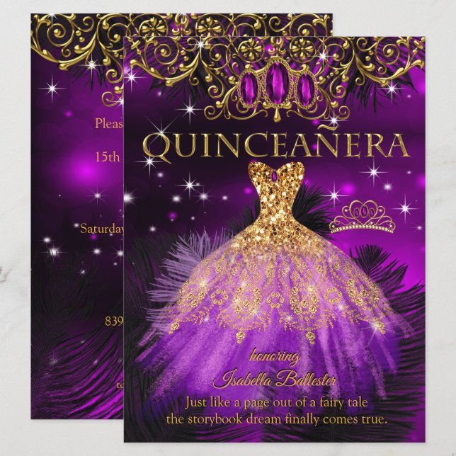 Invitación Quinceanera Cumpleaños Purple Magenta Tiara Gold 2 (Anverso / Reverso)