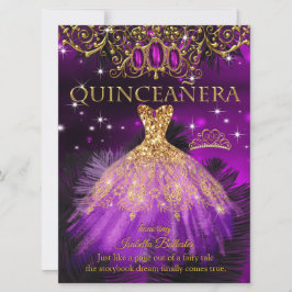 Invitación Quinceanera Cumpleaños Purple Magenta Tiara Gold 2