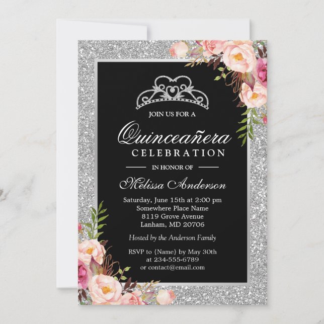 Invitación Quinceanera Cumpleaños Purpurina Plata Sparkle Flo (Anverso)