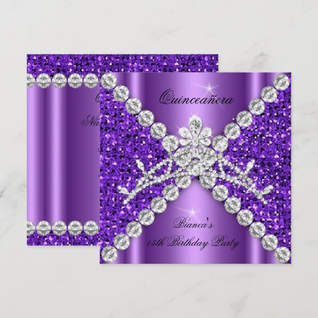 Invitación Quinceanera Cumpleaños Purpurina Púrpura Diamantes (Anverso / Reverso)