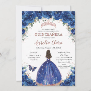 Invitación Quinceañera Cumpleaños Real Floral Azul Princesa X