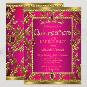 Invitación Quinceañera Cumpleaños Rosa Caliente Tiara Joya Do