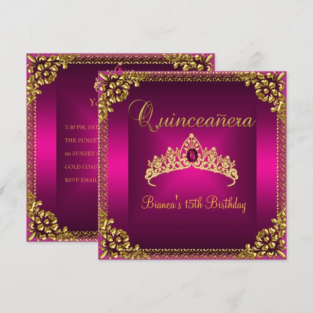 Invitación Quinceanera Cumpleaños Rosa Tiara Gem Jewel de oro (Anverso / Reverso)