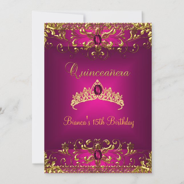 Invitación Quinceanera Cumpleaños Rosa Tiara Gem Jewel de oro (Anverso)