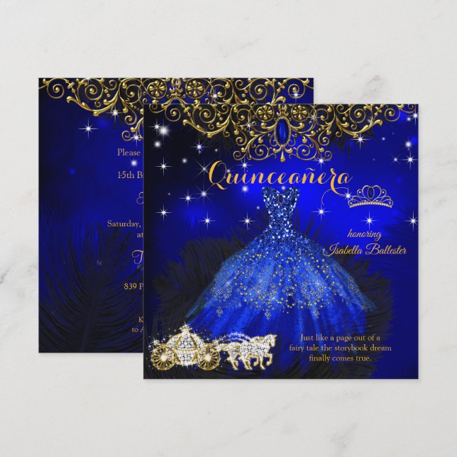 Invitación Quinceanera Cumpleaños Royal Blue Fairytale Tiara (Anverso / Reverso)