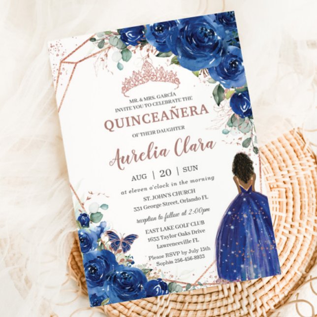 Invitación Quinceañera Cumpleaños Royal Blue Floral Brown Chi (Subido por el creador)