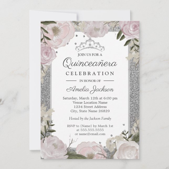 Invitación Quinceanera Cumpleaños Sparkle Plata Rosa Floral (Anverso)